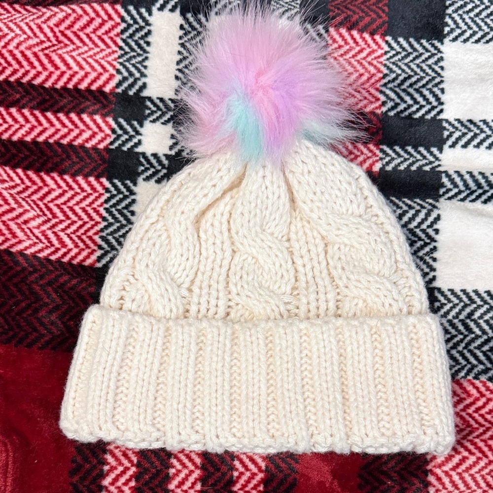 Old Navy Cream Knit Beanie with Multicolor Pom